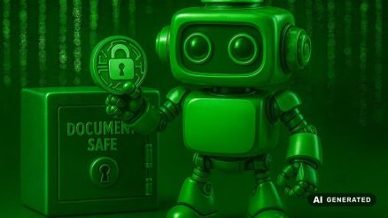 Ein grüner 3D-Roboter steht vor einem Dokumentensafe und hält ein rundes Schloss-Symbol in der Hand – eine Metapher für die hohe Sicherheit, Authentifizierung und Governance des Voicebots.