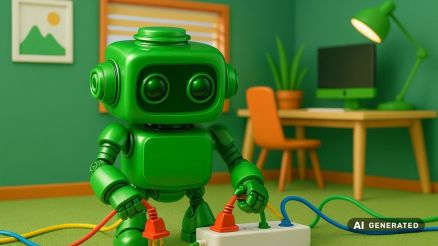 Ein grüner 3D-Roboter steckt farbige Kabel in eine Mehrfachsteckdose – eine visuelle Metapher für die Anbindung von ERP-, CRM- oder DMS-Systemen durch den Voicebot.