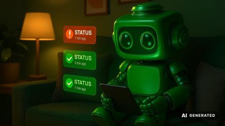 Ein grüner 3D-Roboter sitzt auf einem Sofa mit einem Tablet, während neben ihm verschiedene Statusmeldungen und Alerts aufleuchten – eine Metapher für Monitoring, Alerting und die kontinuierliche Weiterentwicklung des Voicebots.