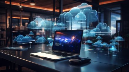 Laptop auf Tisch vor blauen Cloud System drüber