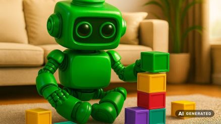 Ein grüner 3D-Roboter sitzt im Wohnzimmer auf dem Boden und stapelt bunte Bauklötze – eine Metapher für den modularen Aufbau und die beliebige Erweiterbarkeit des Voicebots.